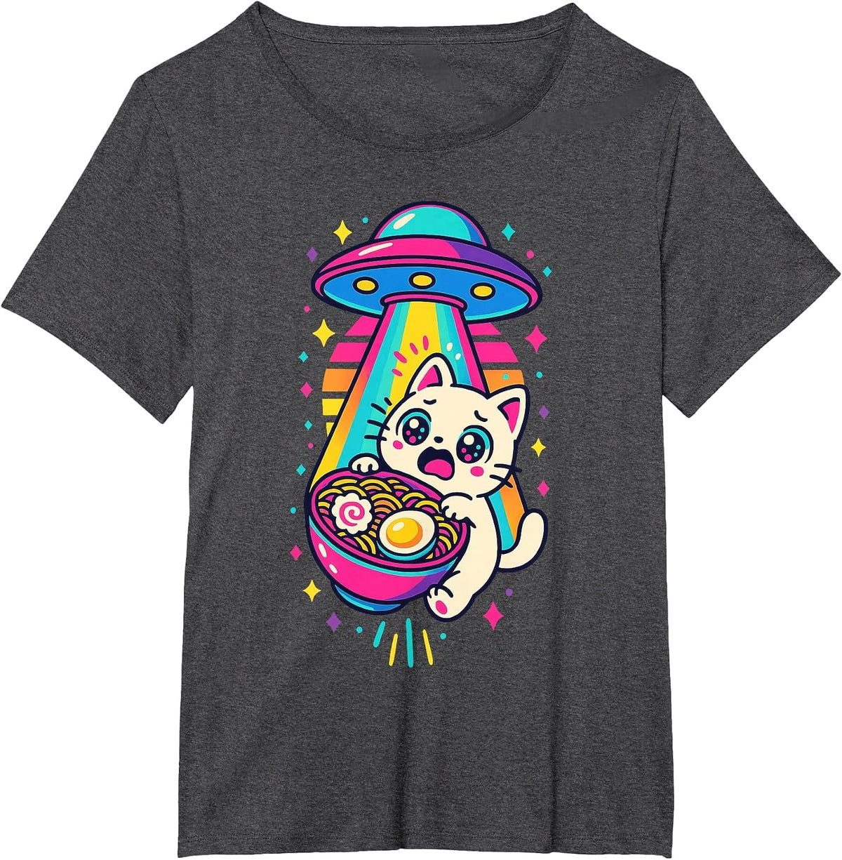 Funny Kawaii Cat Ramen UFO Japanese Anime Women Girls Teens T-Shirt - Dark Heather Grey