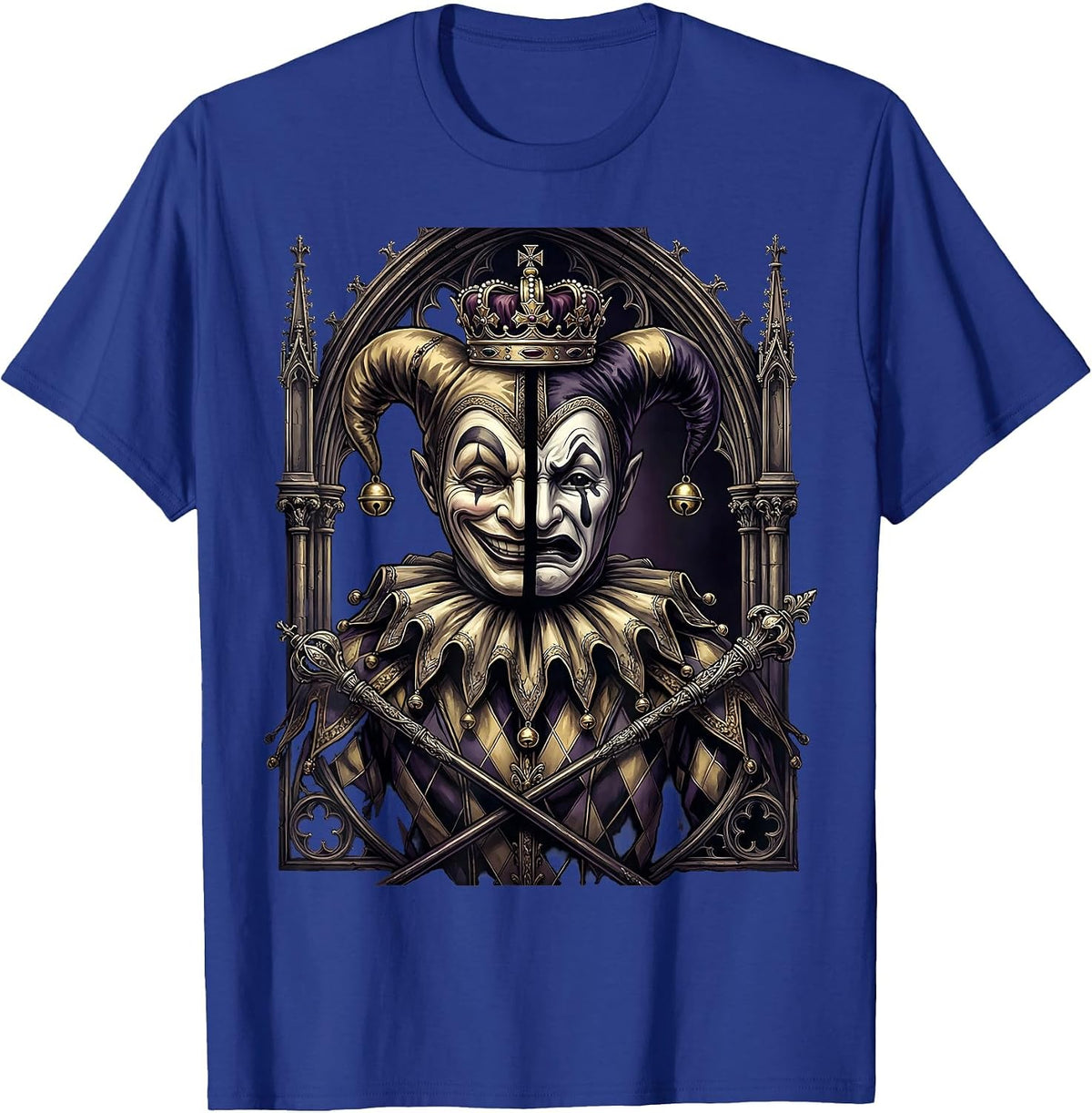 Mardi Gras Two-Headed Royal Jester Design T-Shirt - Royal Blue