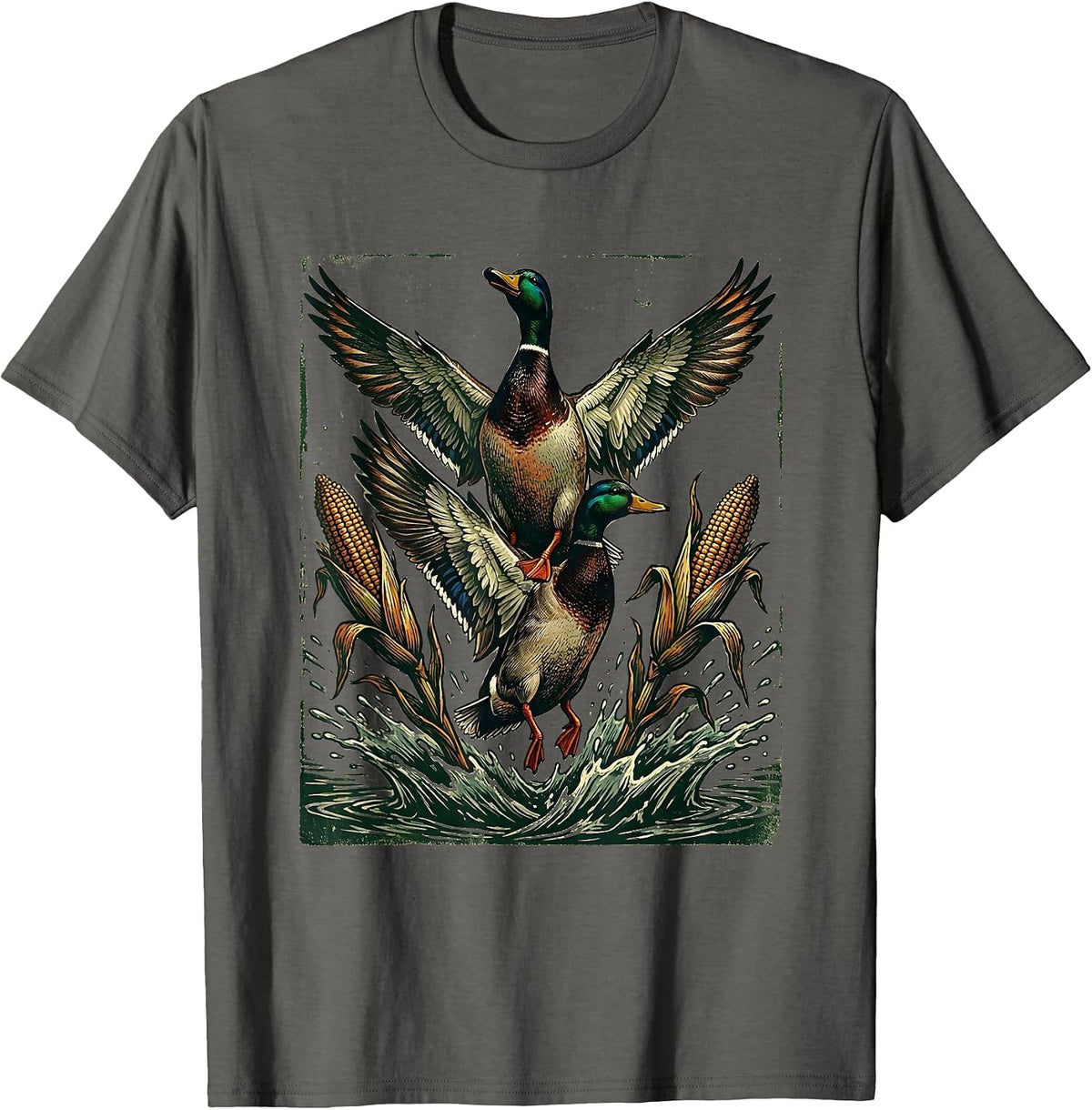 Bottomland Camo Mallards Flushing Flooded Corn T-Shirt - Asphalt Grey