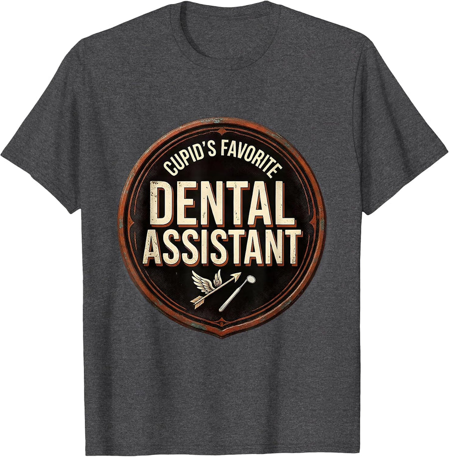 Men's Cupid's Favorite Dental Assistant Vintage Funny Valentine T-Shirt - Dark Heather Grey