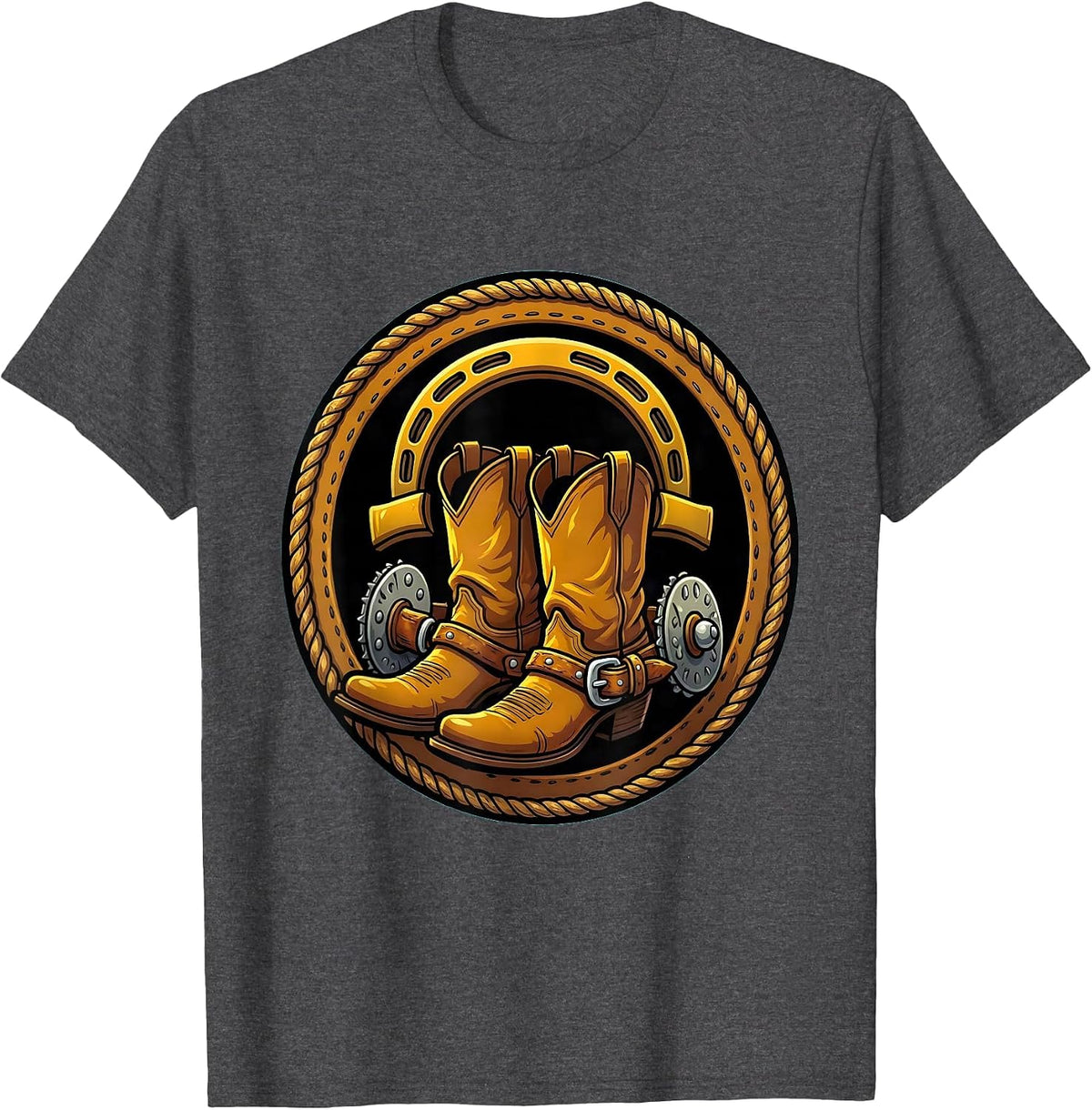 Cowboy Boots Horseshoe and Spurs Western Graphic T-Shirt - Dark Heather Grey