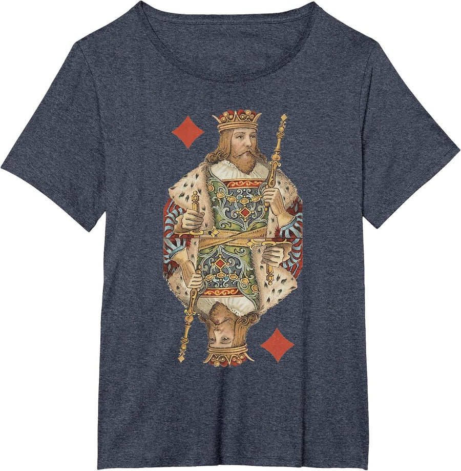 King of Diamonds Antique Art Nouveau Playing Card Art T-Shirt, Women's Plus, Heather Blue, 2X - As Pictured