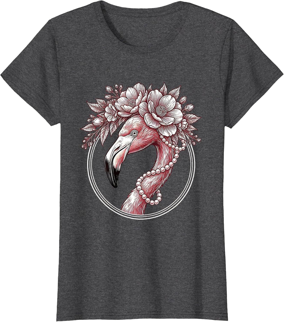 Women's Flamingo Floral Crown and Pearls Illustration T-Shirt - Dark Heather Grey