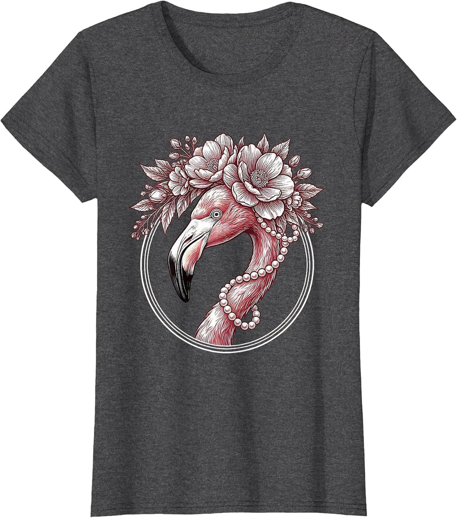 Women's Flamingo Floral Crown and Pearls Illustration T-Shirt - Dark Heather Grey