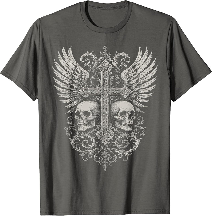 Gothic Skull Grunge Alt Aesthetic Y2K Cross Wings T-Shirt - Asphalt Grey