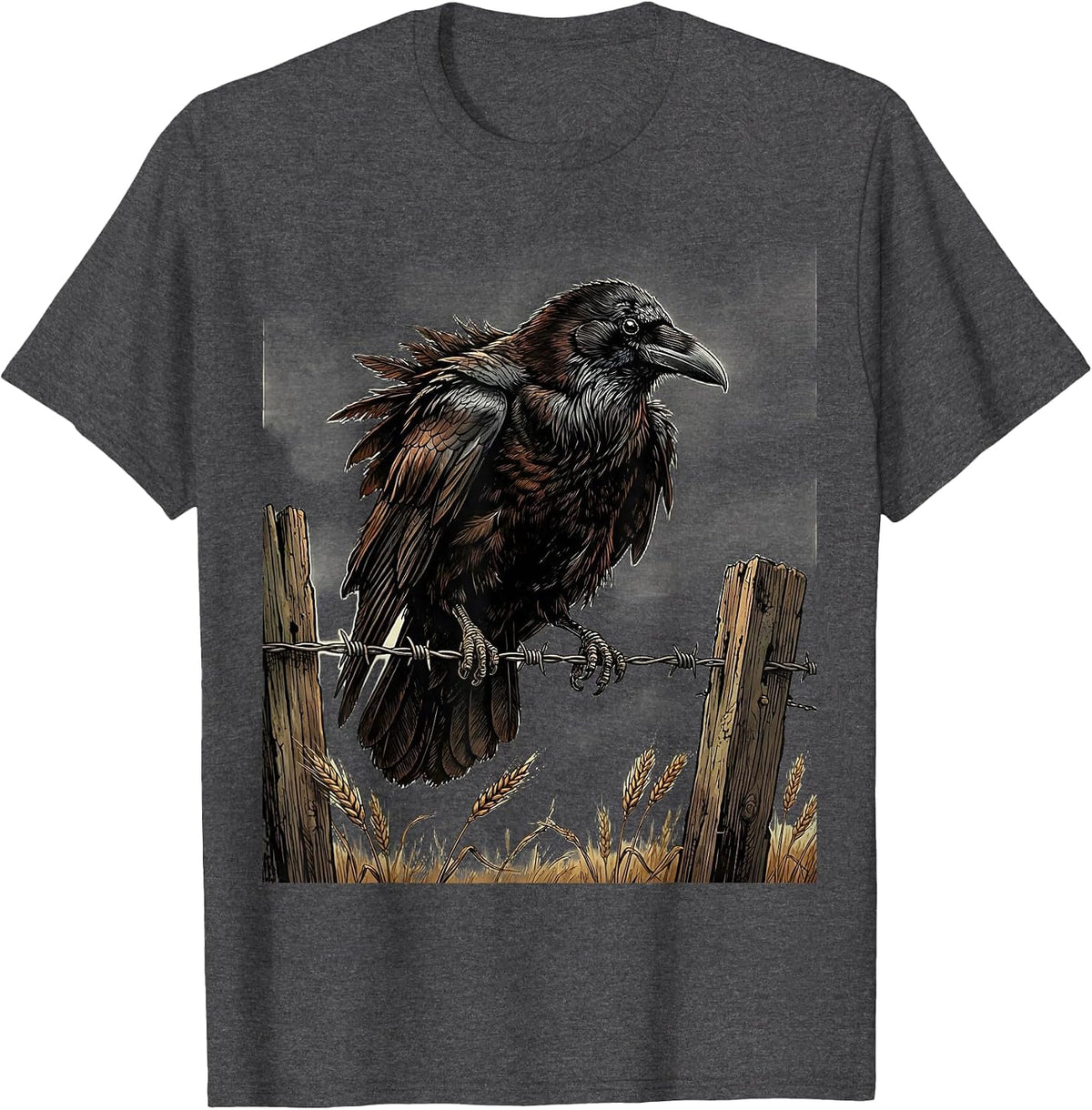 Crow Perched on Barbed Wire Illustration T-Shirt - Dark Heather Grey
