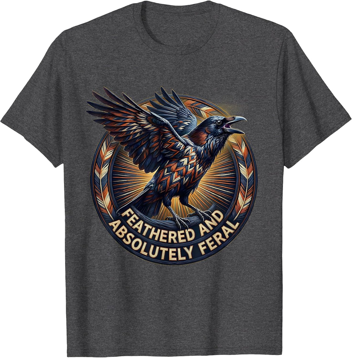Feathered and Absolutely Feral Crow Design T-Shirt - Dark Heather Grey