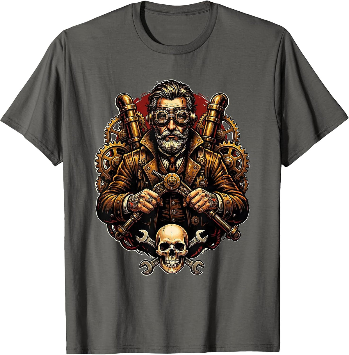 Men's Steampunk Scientist Lever Machine Illustration T-Shirt - Asphalt Grey