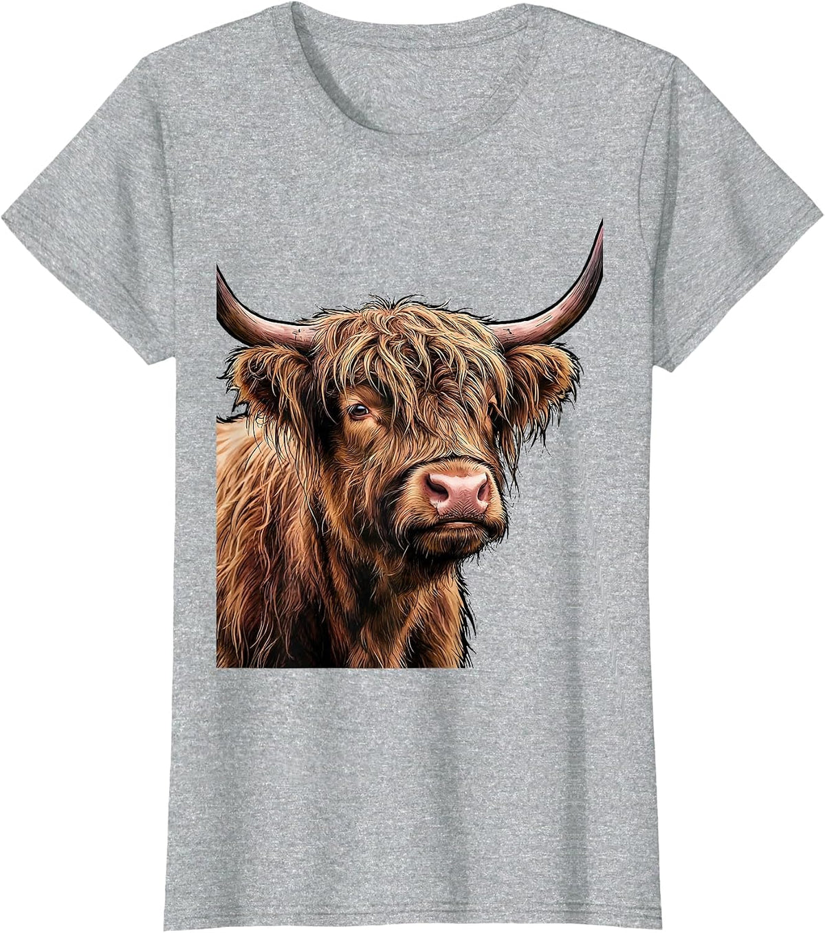 Women's Shaggy Highland Cow Head Farm Animal Humor Novelty T-Shirt - Heather Grey