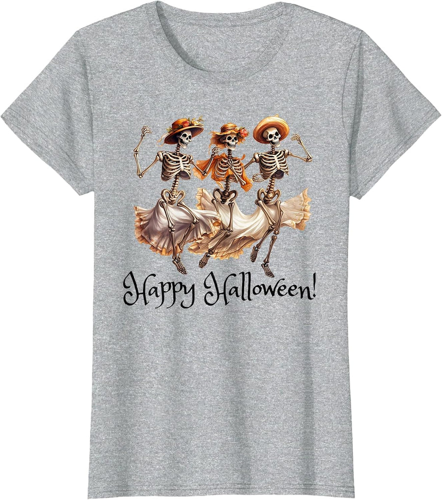 Glamour Ghouls Pretty Fashionable Skeletons Happy Halloween T-Shirt - Heather Grey