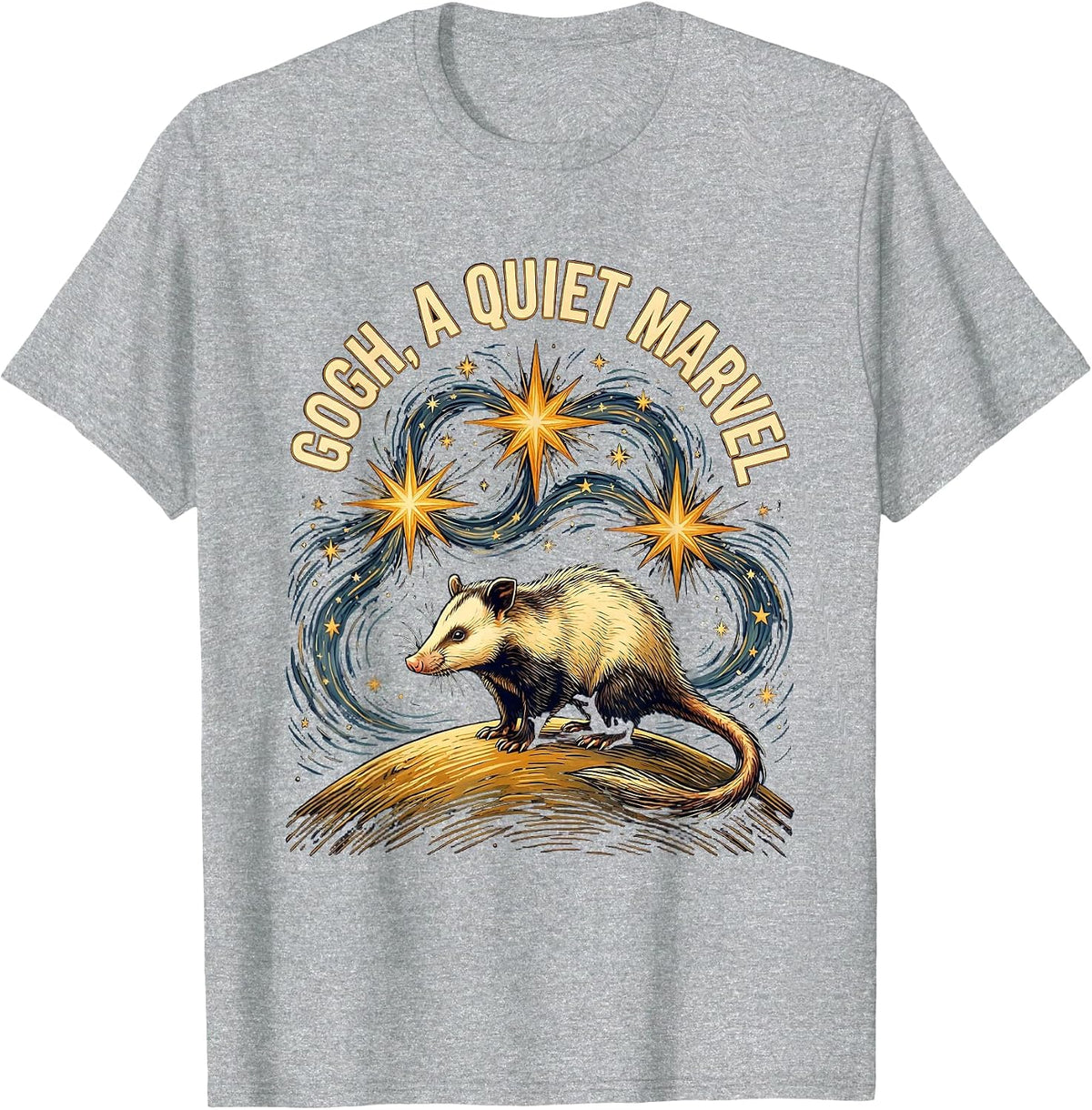 Men's Gogh, A Quiet Marvel Funny Opossum Van Gogh Starry Night Art T-Shirt - Heather Grey