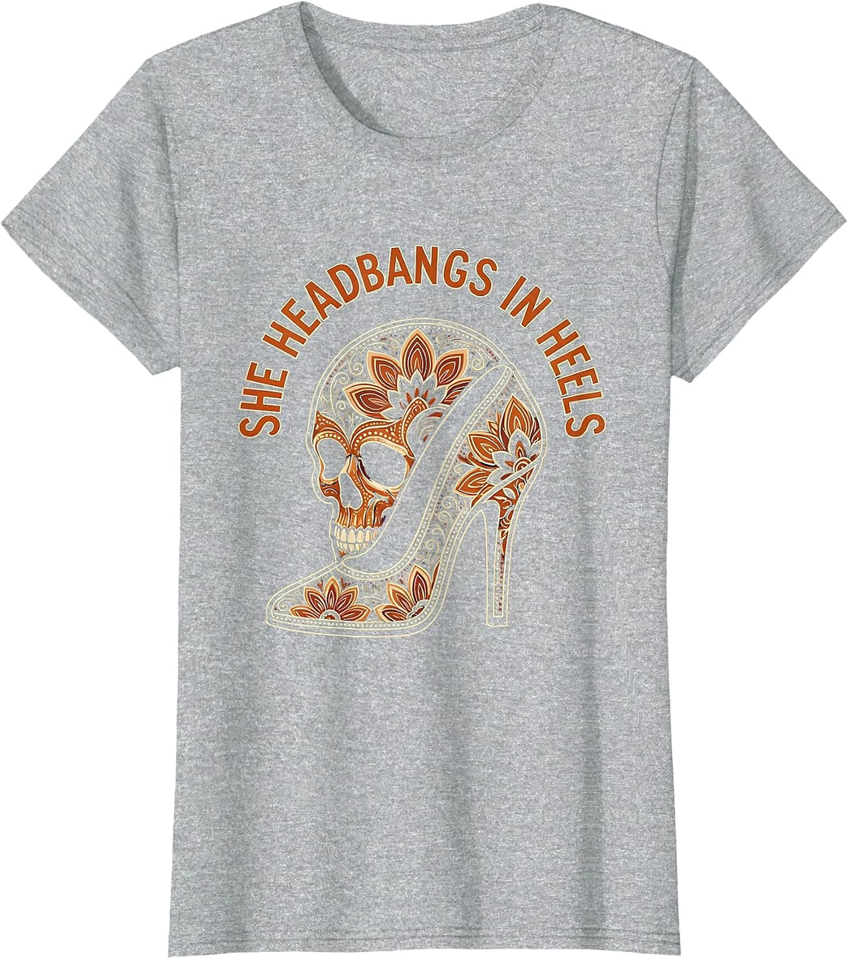 She Headbangs In Heels Rock and Roll Design T-Shirt - Heather Grey