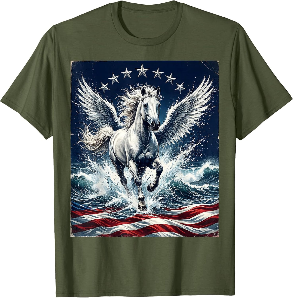 Men's White Horse Galloping Through Crashing Waves T-Shirt - Olive Green
