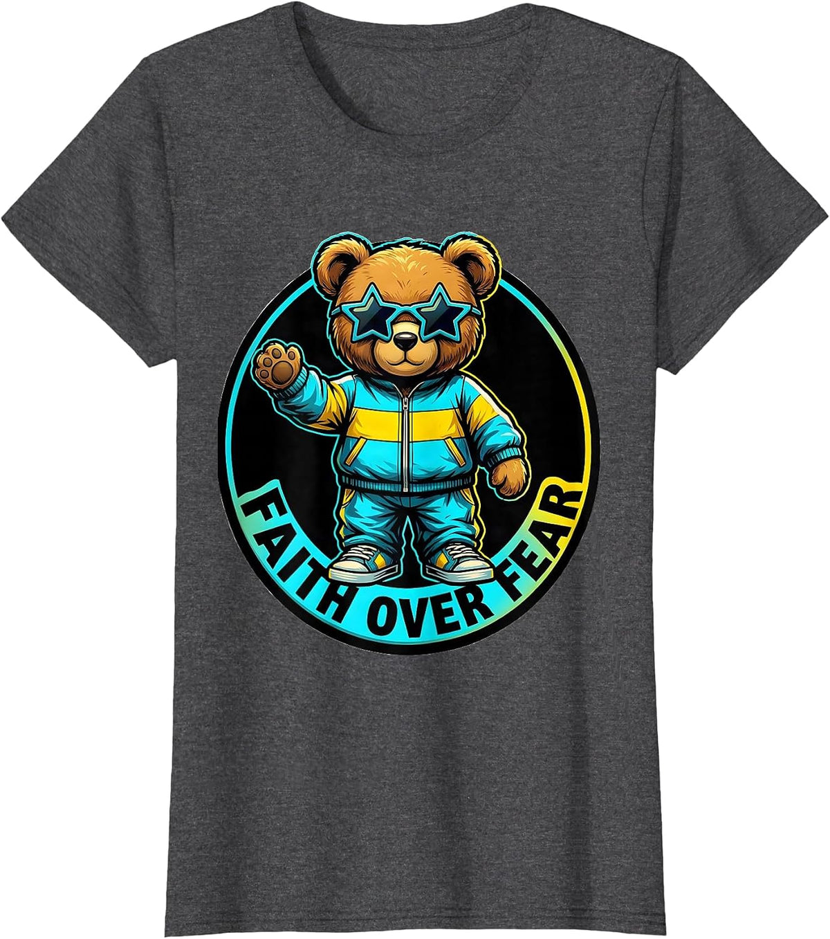 Women's Faith Over Fear Pop Art Teddy Bear Character Graphic T-Shirt - Dark Heather Grey