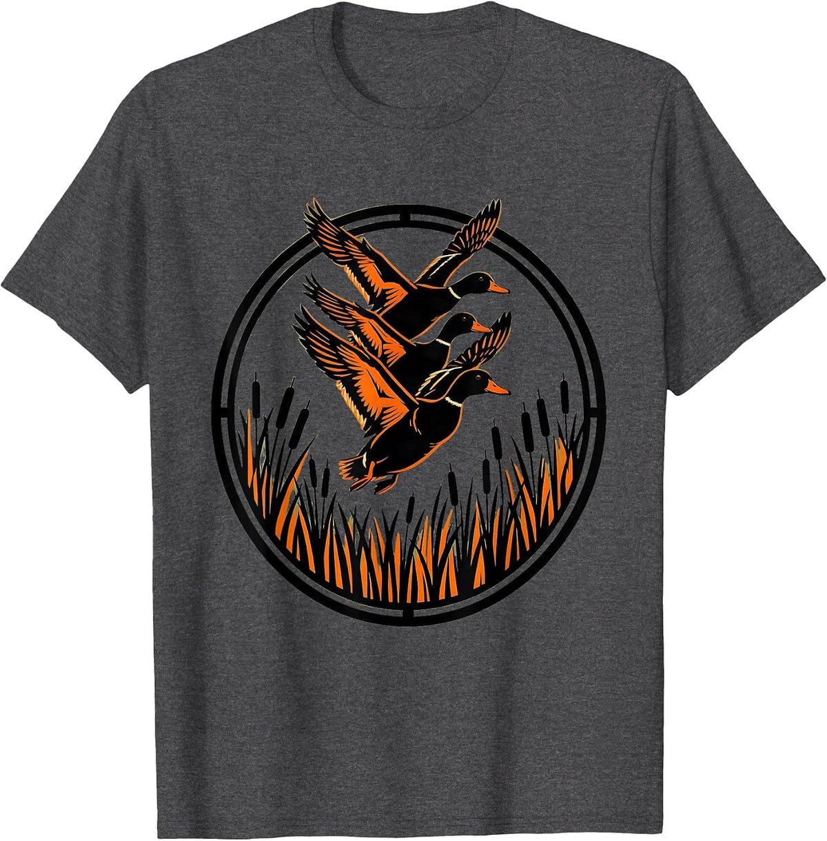 Men's Duck Camo Flock Over Misty Wetlands Illustration T-Shirt - Dark Heather Grey
