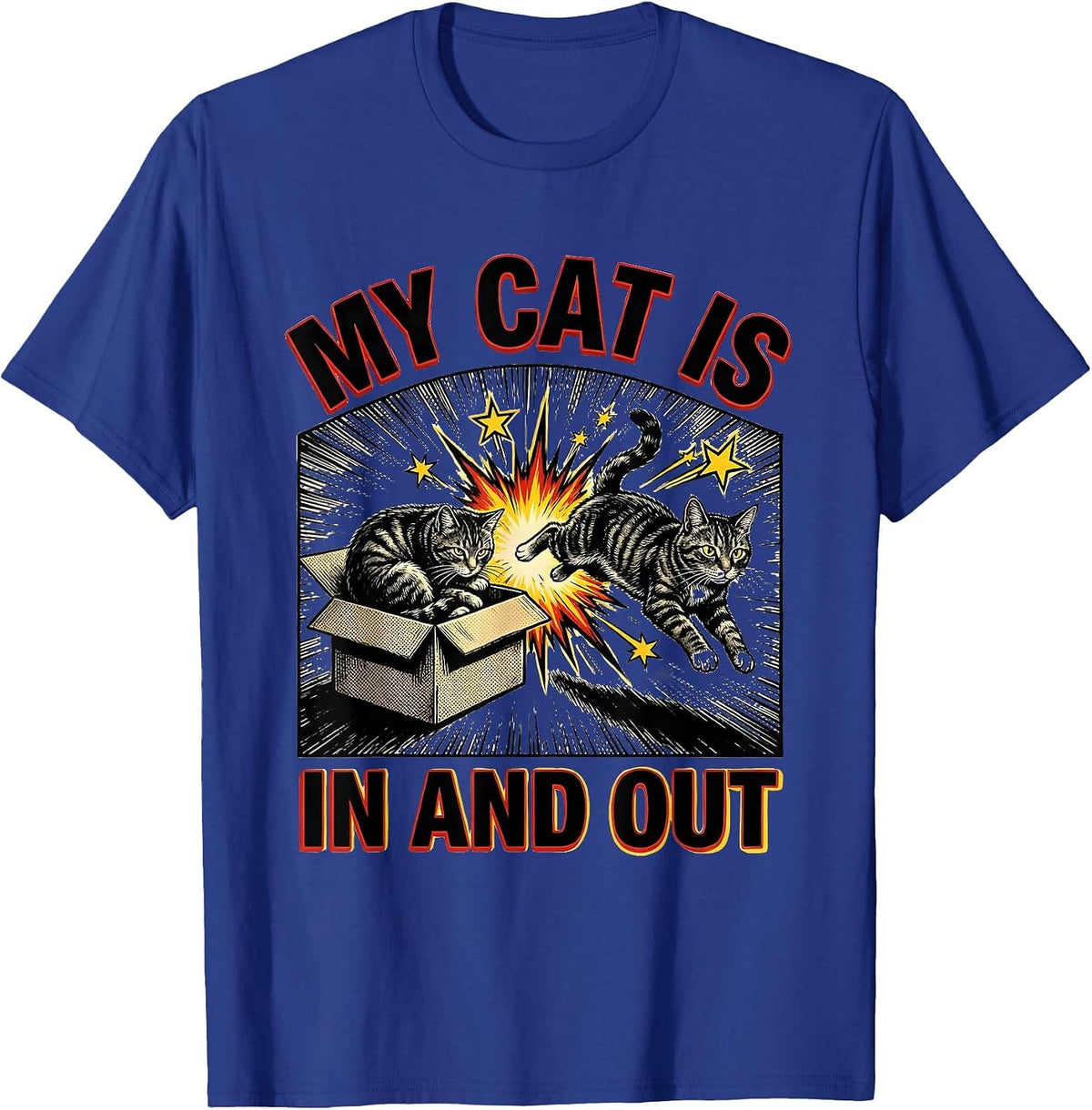 My Cat Is In And Out Comic Book Quantum Physics Humor T-Shirt - Royal Blue