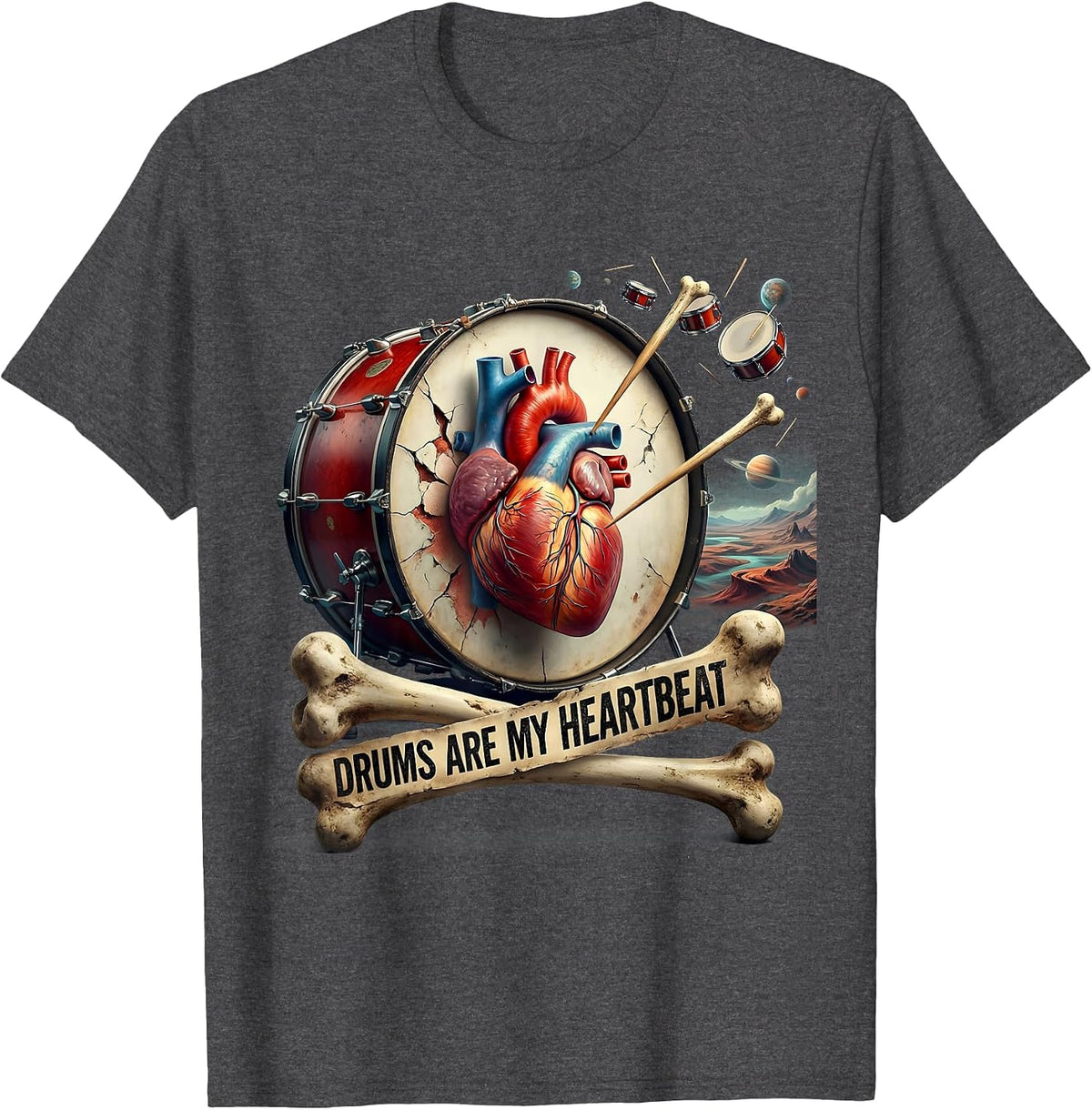 Drums Are My Heartbeat Rock Band Design T-Shirt - Dark Heather Grey