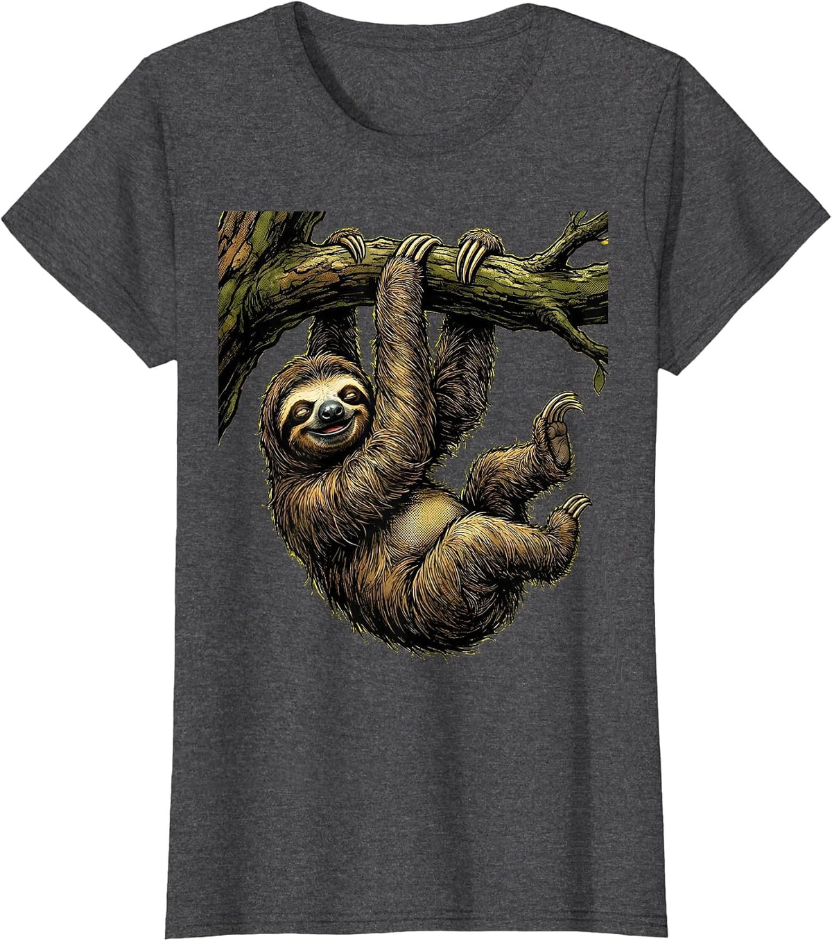 Women's Lazy Sloth Hanging From Tree Branch T-Shirt - Dark Heather Grey