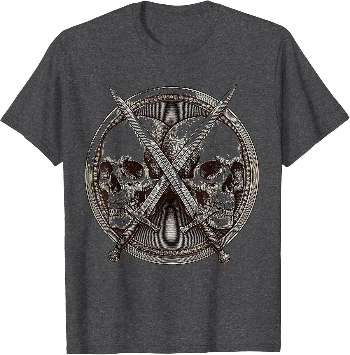 Twin Skulls Crossed Swords Dark Gothic Design T-Shirt - Dark Heather Grey