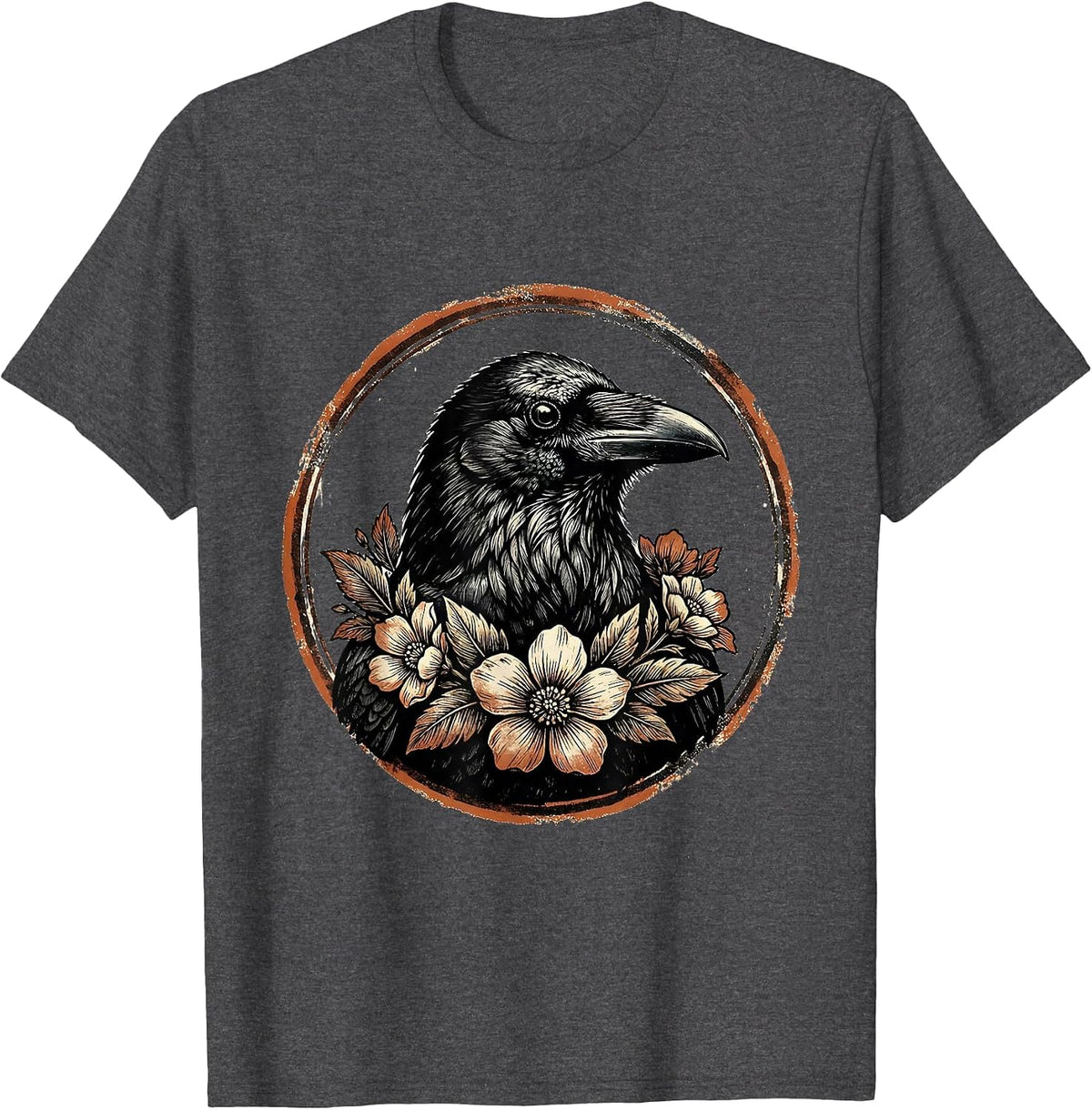 Crow with Floral Wreath Illustration Design T-Shirt - Dark Heather Grey