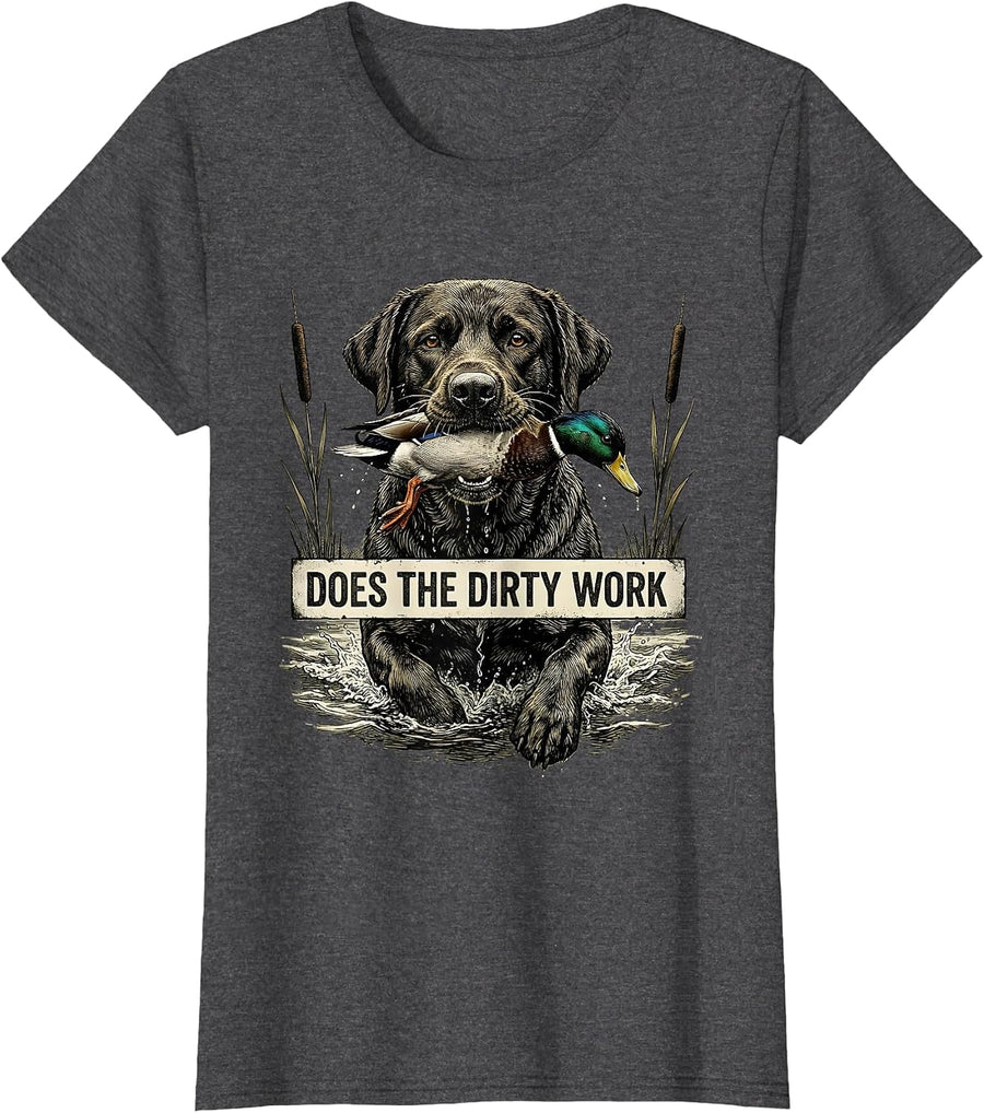 Women's Does The Dirty Work Vintage Labrador Hunting Dog Waterfowl T-Shirt - Dark Heather Grey