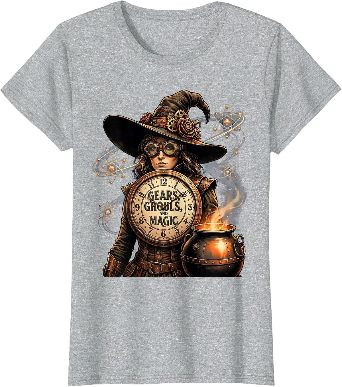 Gears Ghouls and Magic Steampunk Witch Design T-Shirt - Heather Grey