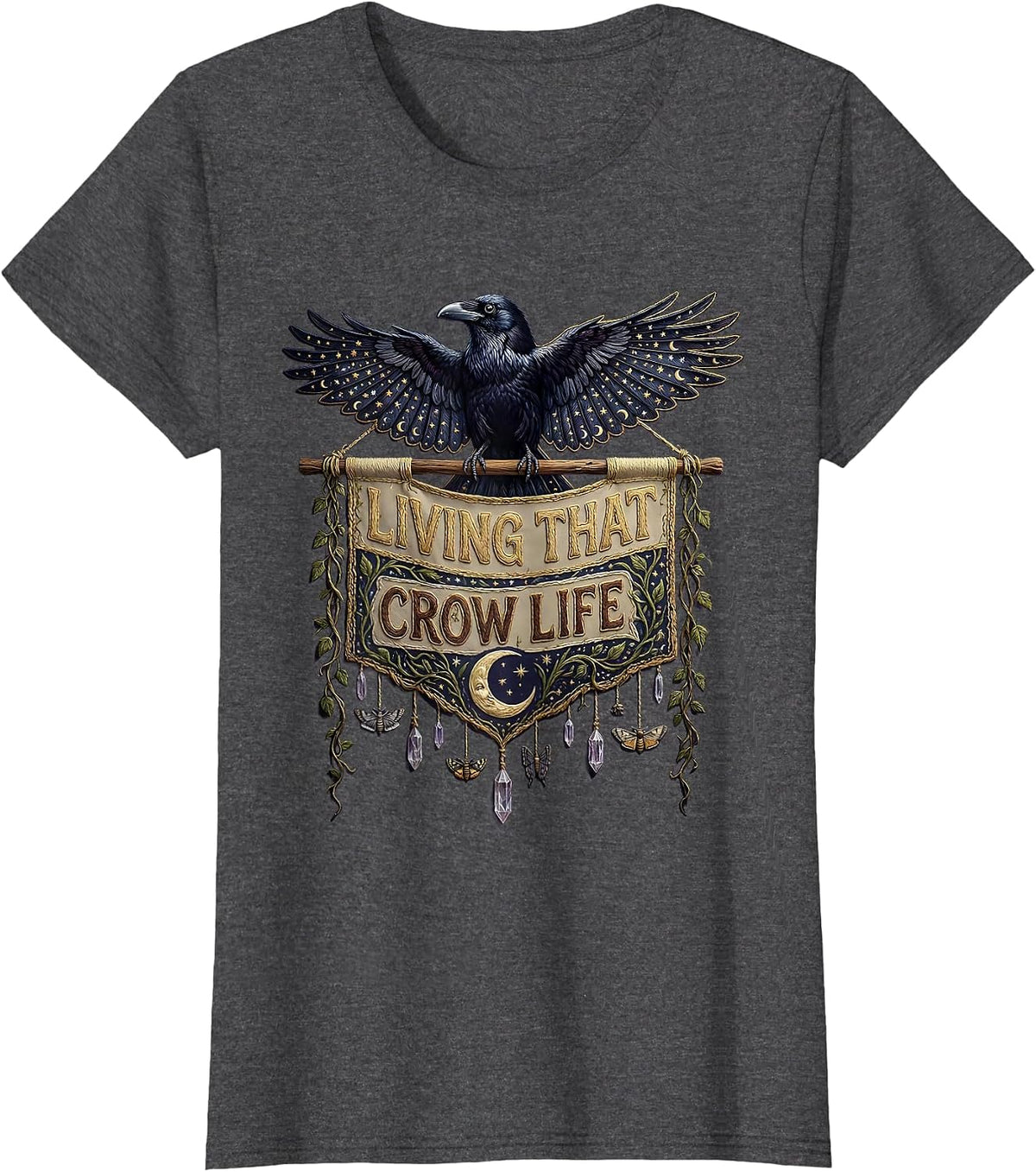 Women's Living That Crow Life Graphic Design T-Shirt - Dark Heather Grey