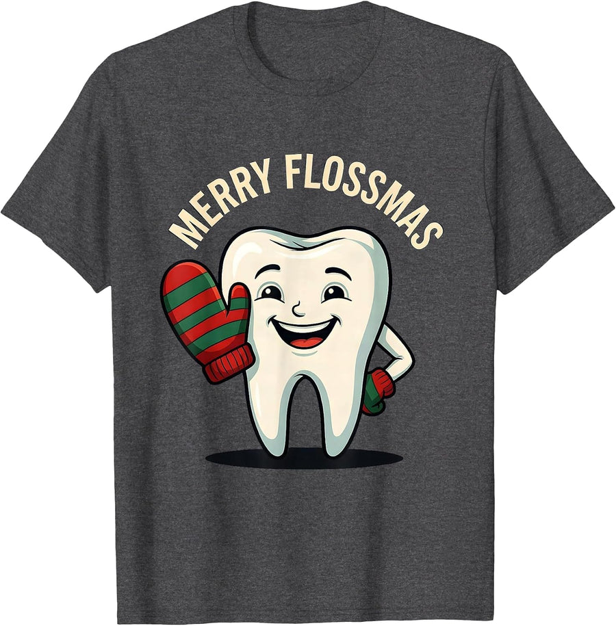 Men's Merry Flossmas Funny Dental Christmas Dentist Dental T-Shirt - Dark Heather Grey