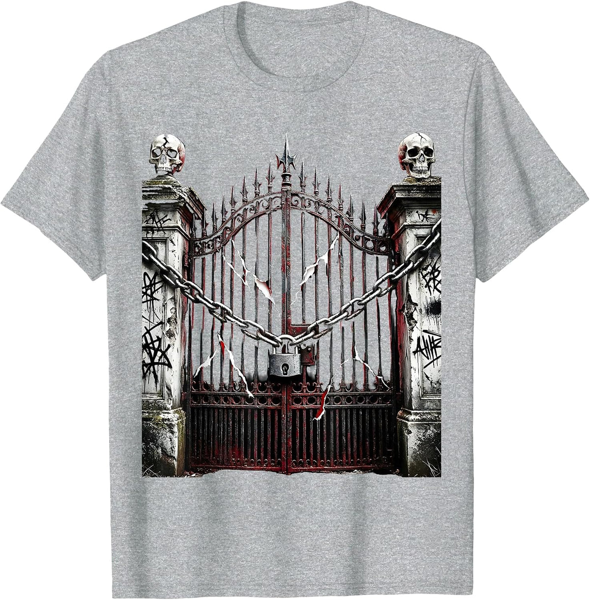 Men's Emo Cemetery Gate Wrapped in Chains Graphic T-Shirt - Heather Grey