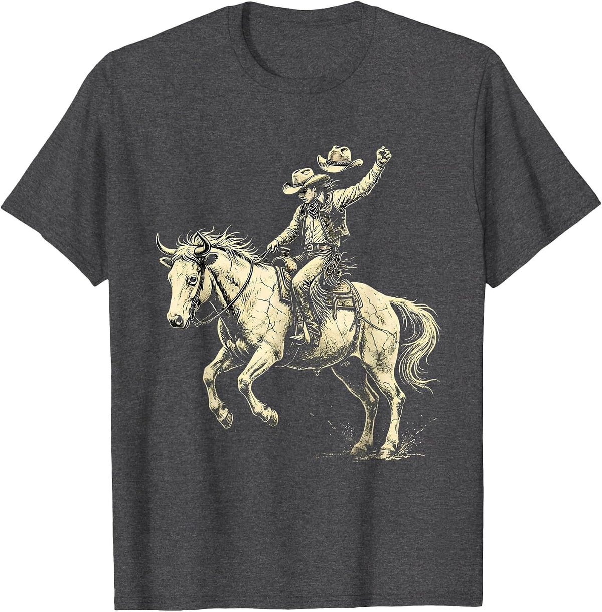 Men's Cowgirl Riding Bucking Bronco Rodeo Illustration T-Shirt - Dark Heather Grey