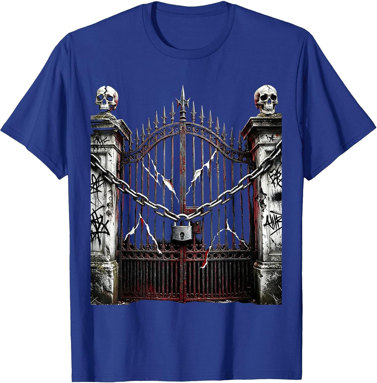 Men's Emo Cemetery Gate Wrapped in Chains Graphic T-Shirt - Royal Blue