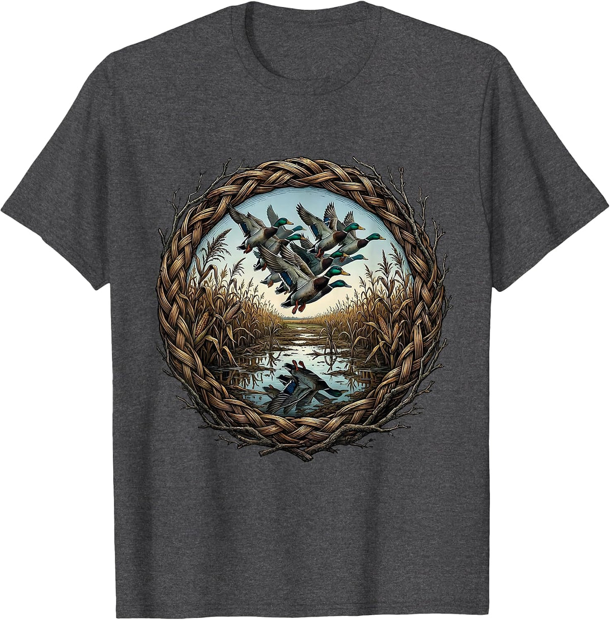 Men's Teal Duck Flooded Cornfield Bottomland Camo T-Shirt - Dark Heather Grey