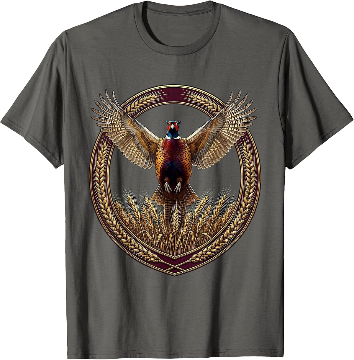 Pheasant Burst Golden Wheat Field Illustration T-Shirt - Asphalt Grey