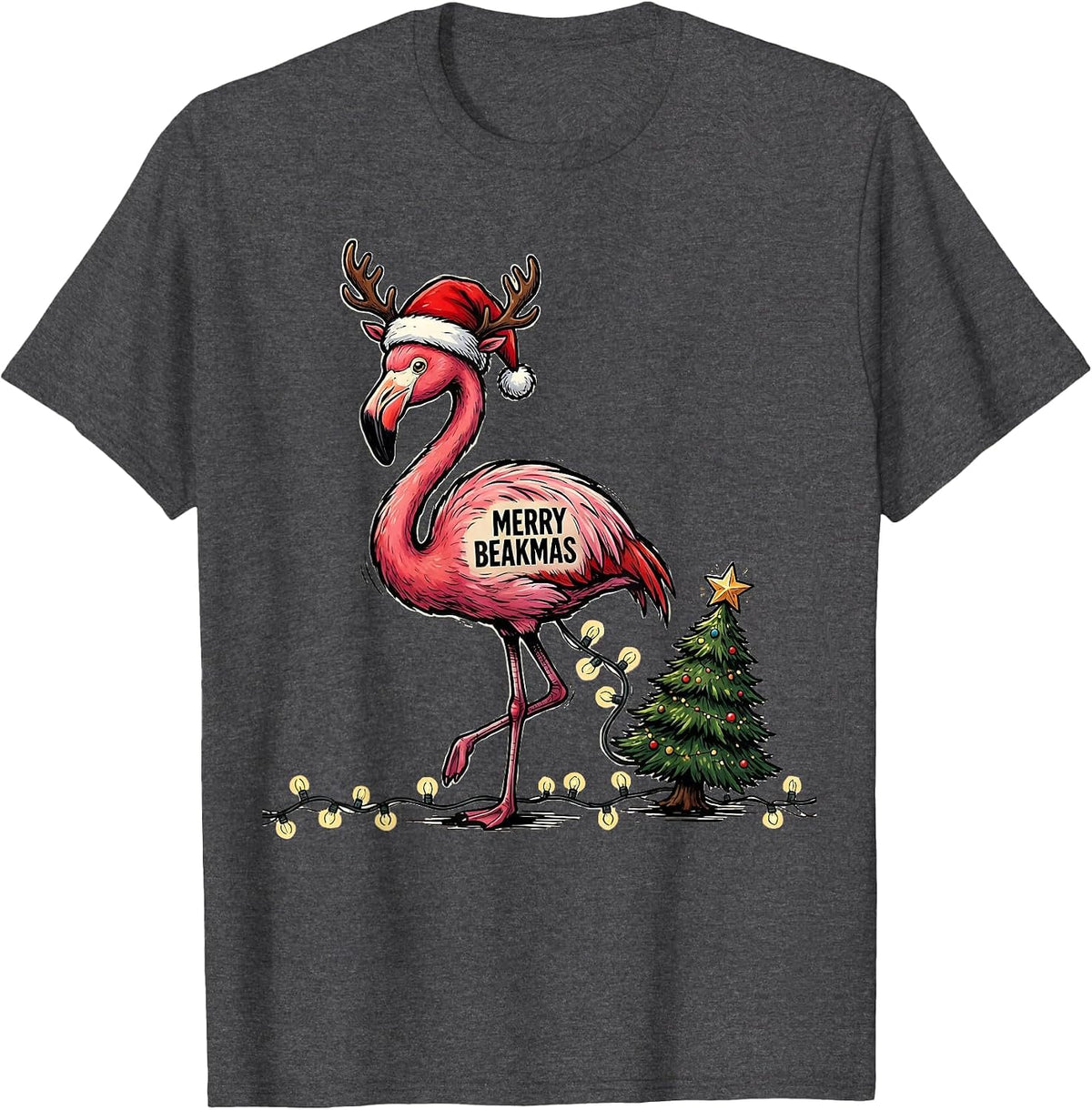 Men's Merry Beakmas Pink Flamingo Funny Christmas in July Novelty T-Shirt - Dark Heather Grey