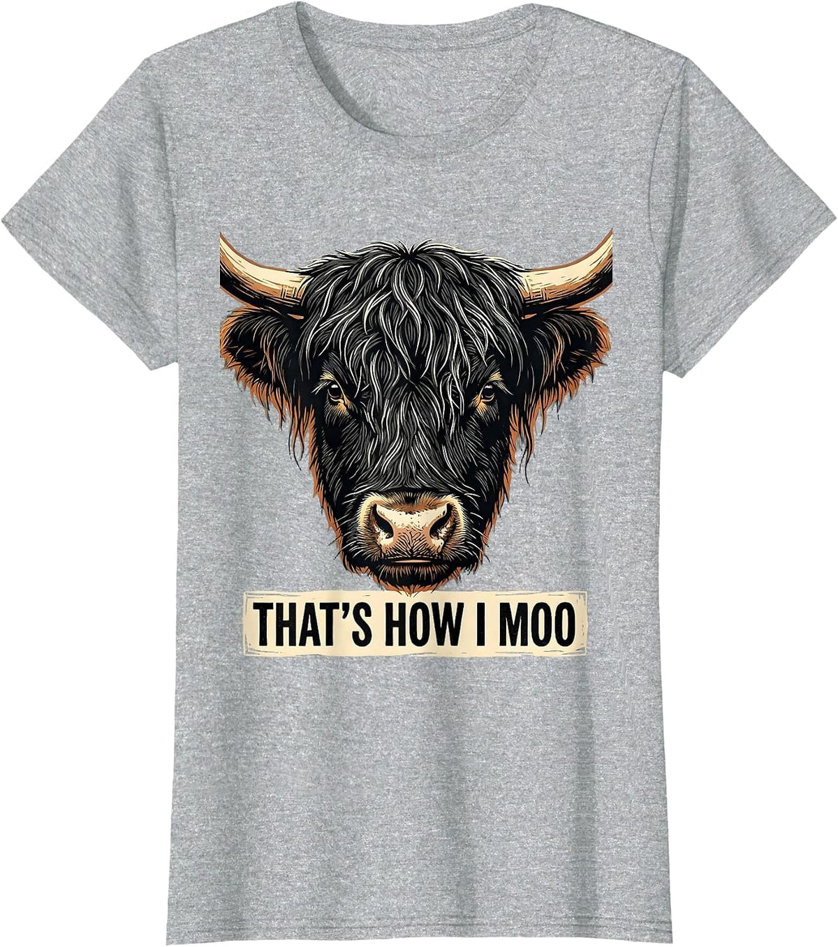 Women's That's How I Moo Funny Highland Cow Linocut Floral Humor T-Shirt - Heather Grey