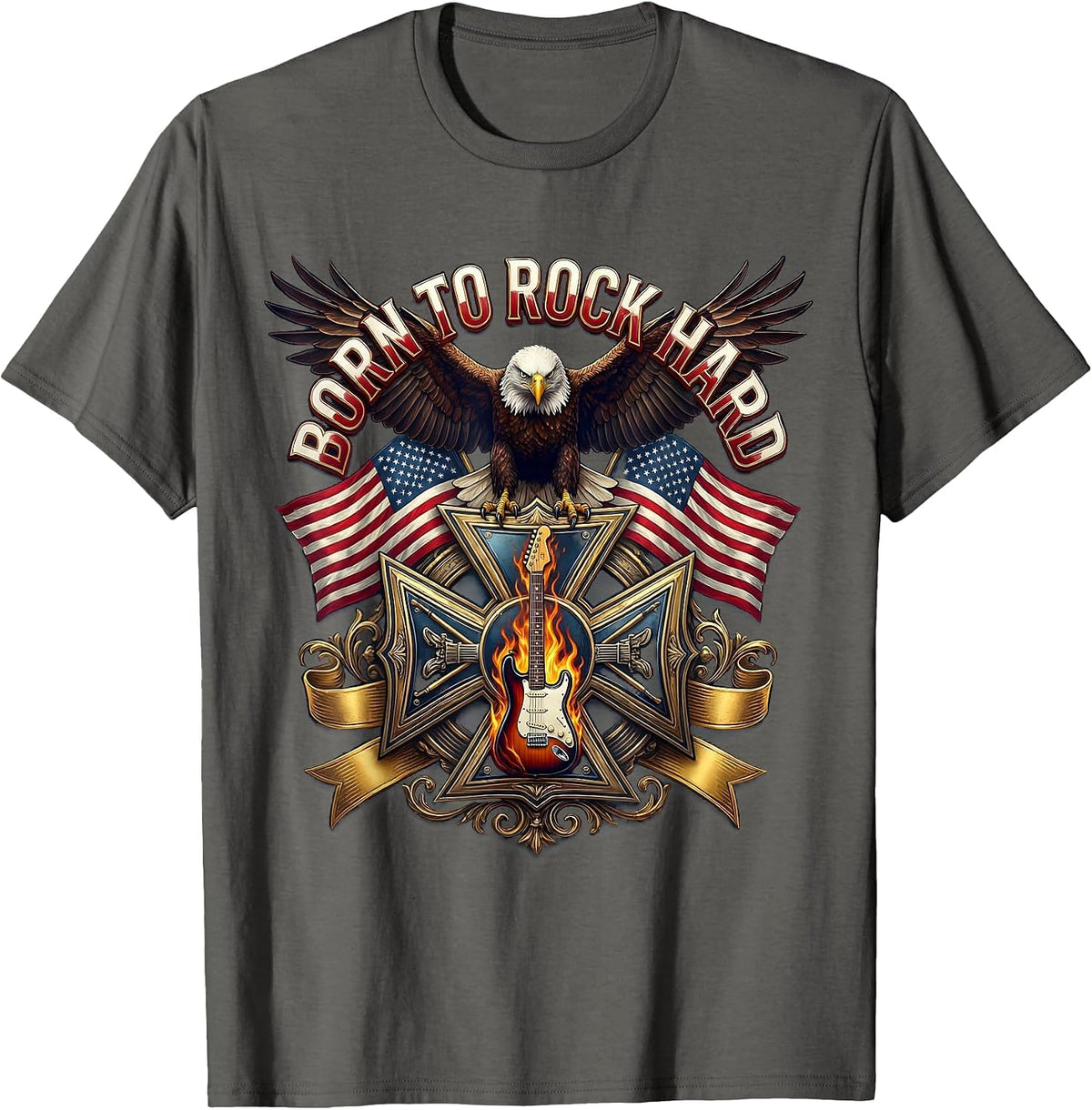 Born to Rock Hard Classic Rock and Roll Design T-Shirt - Asphalt Grey