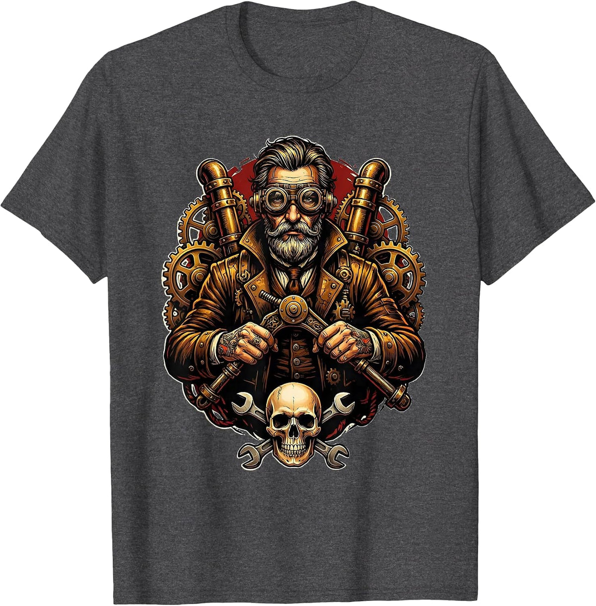 Men's Steampunk Scientist Lever Machine Illustration T-Shirt - Dark Heather Grey