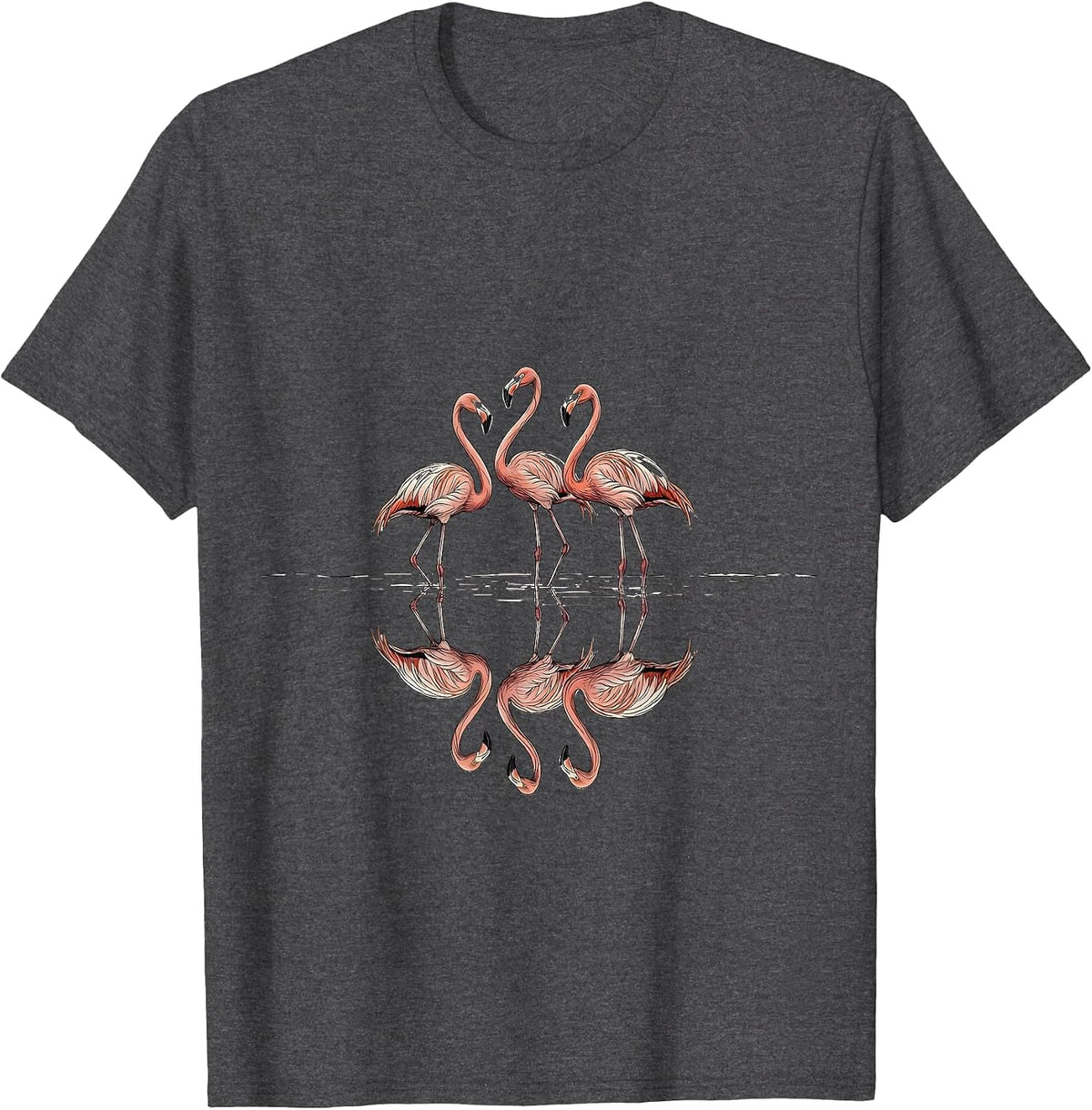 Flamingo Flock Reflection Serene Nature Design T-Shirt - Dark Heather Grey