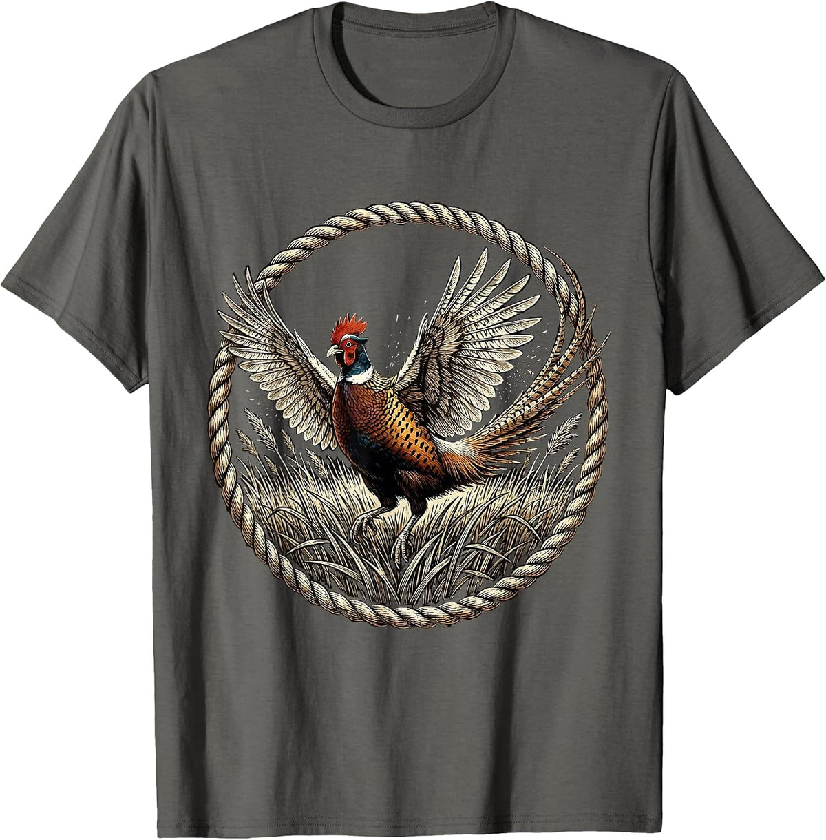 Pheasant Flush Hunting Wildlife Illustration T-Shirt - Asphalt Grey