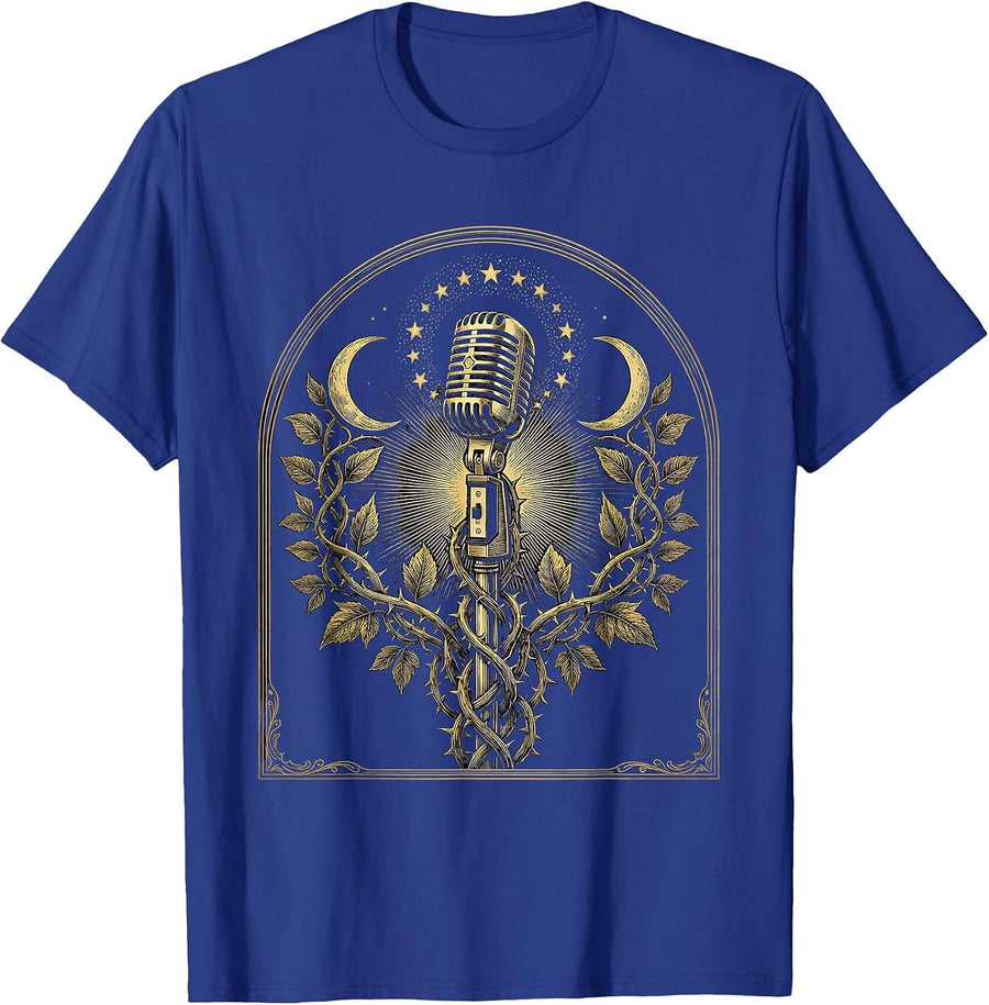 Vintage Microphone Thorny Vines Gothic Art Design T-Shirt - Royal Blue