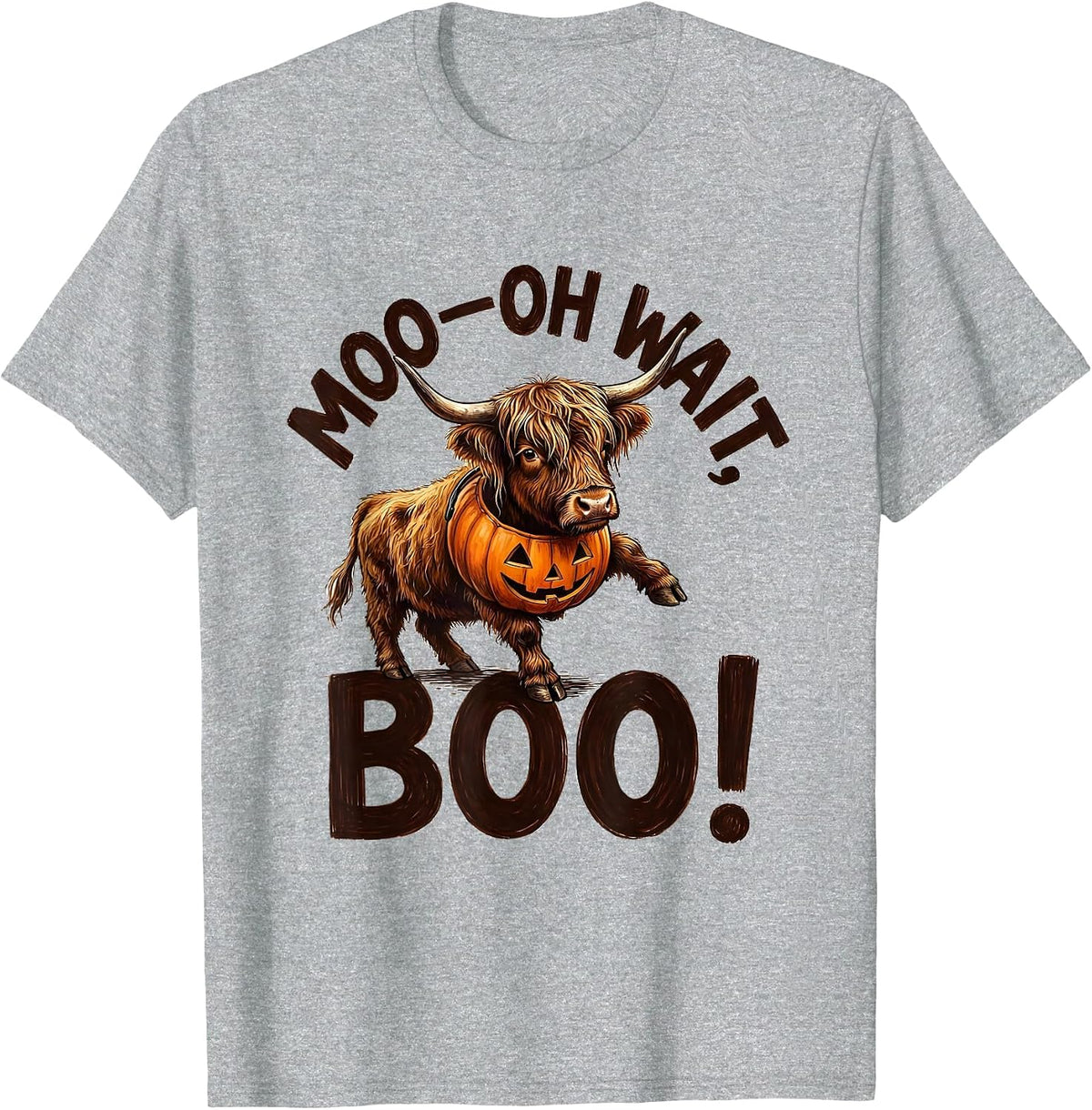 Men's Moo—Oh Wait, Boo! Whimsical Highland Cow Halloween Humor T-Shirt - Heather Grey