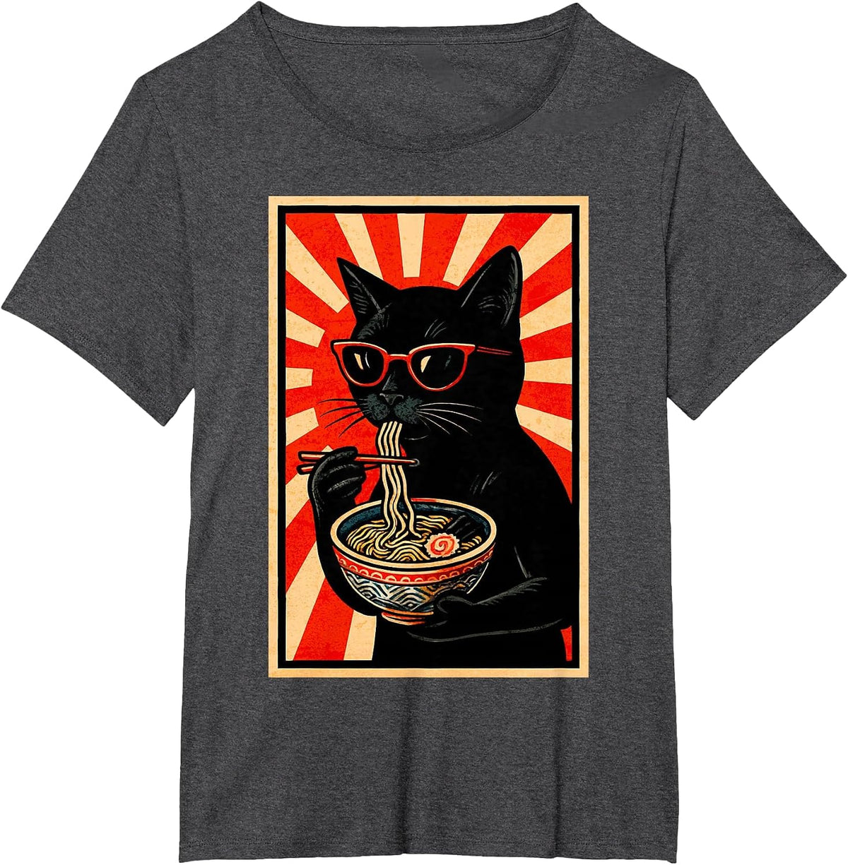 Ramen Cat Japanese Rising Sun Retro Poster Design T-Shirt - Dark Heather Grey