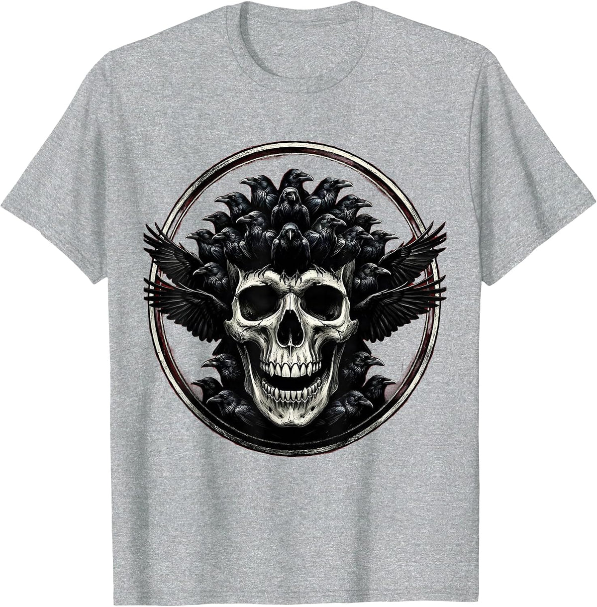 Men's Flock of Crows Skull Illusion Dark Art Design T-Shirt - Heather Grey