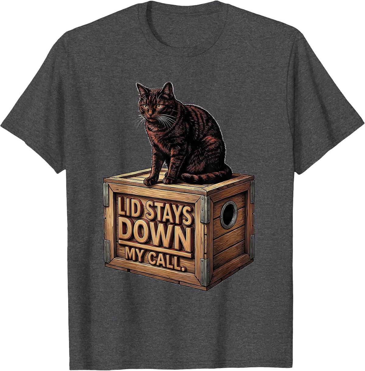 Men's Lid Stays Down My Call Quantum Physics Cat Humor T-Shirt - Dark Heather Grey
