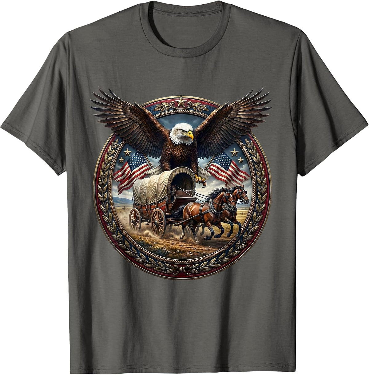 Covered Wagon Frontier Plains Patriotic Design T-Shirt - Asphalt Grey