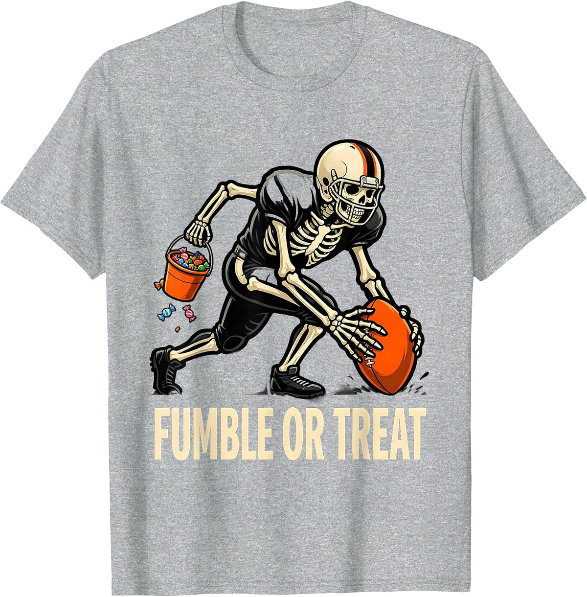 Men's Fumble Or Treat Cartoon Skeleton Football Halloween Costume T-Shirt - Heather Grey
