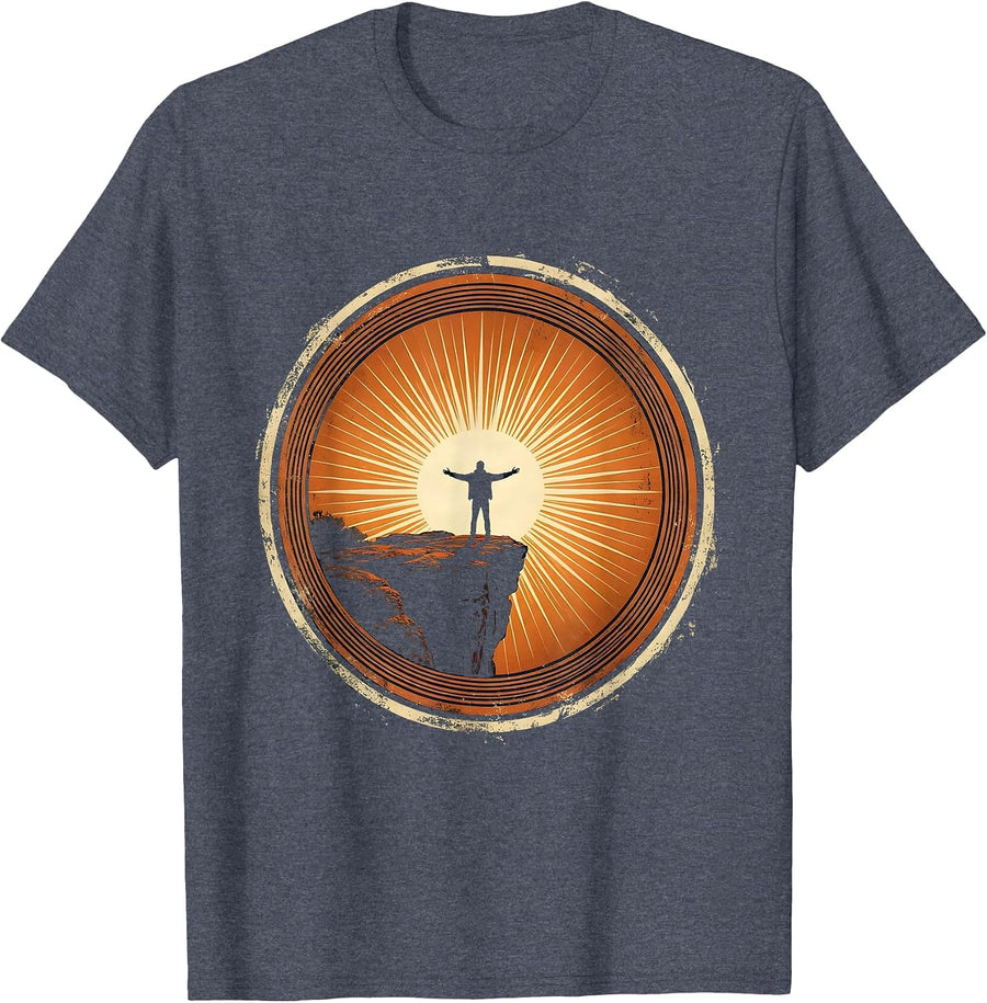 Faith Over Fear Cliff Edge Sunrise Illustration T-Shirt - Heather Blue