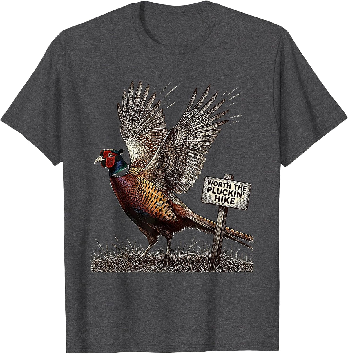 Men's Worth The Pluckin' Hike Crosshatch Etching Pheasant Hunter T-Shirt - Dark Heather Grey