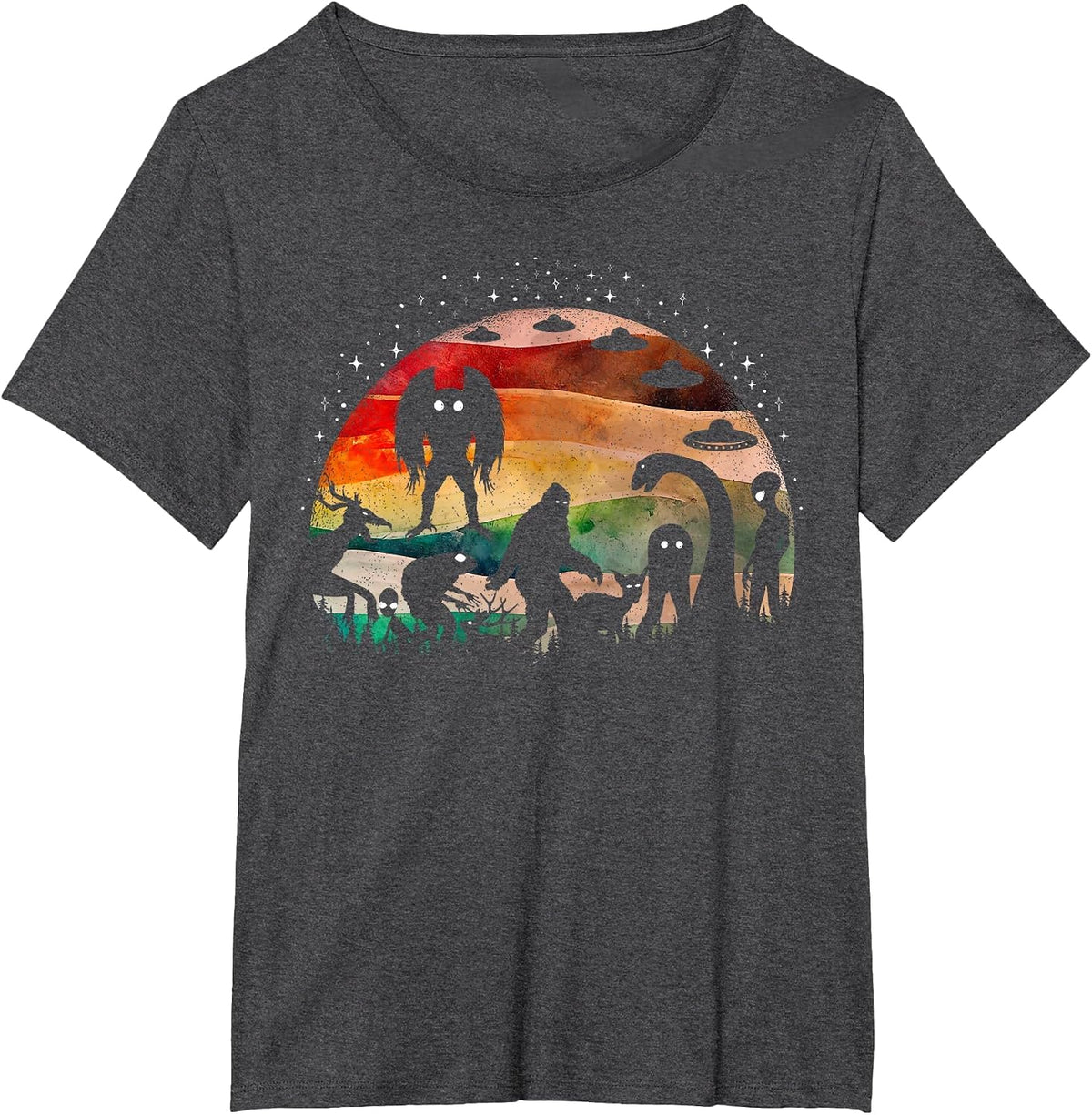 Retro Cryptid Funny Bigfoot Mothman and Aliens Cryptozoology T-Shirt - Dark Heather Grey