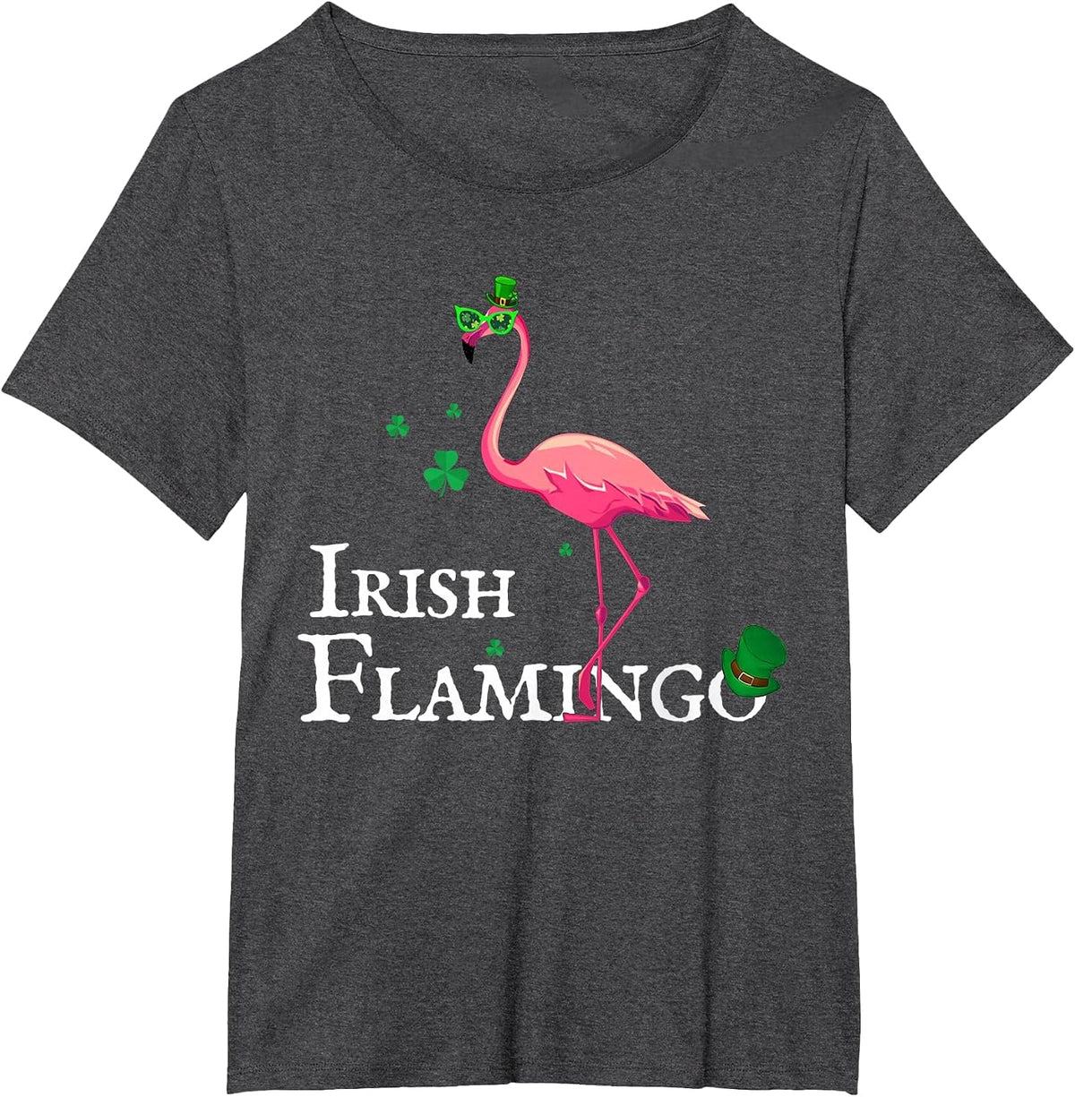 Funky Irish Pink Flamingo Green Bird St Pattys Day T-Shirt - Dark Heather Grey